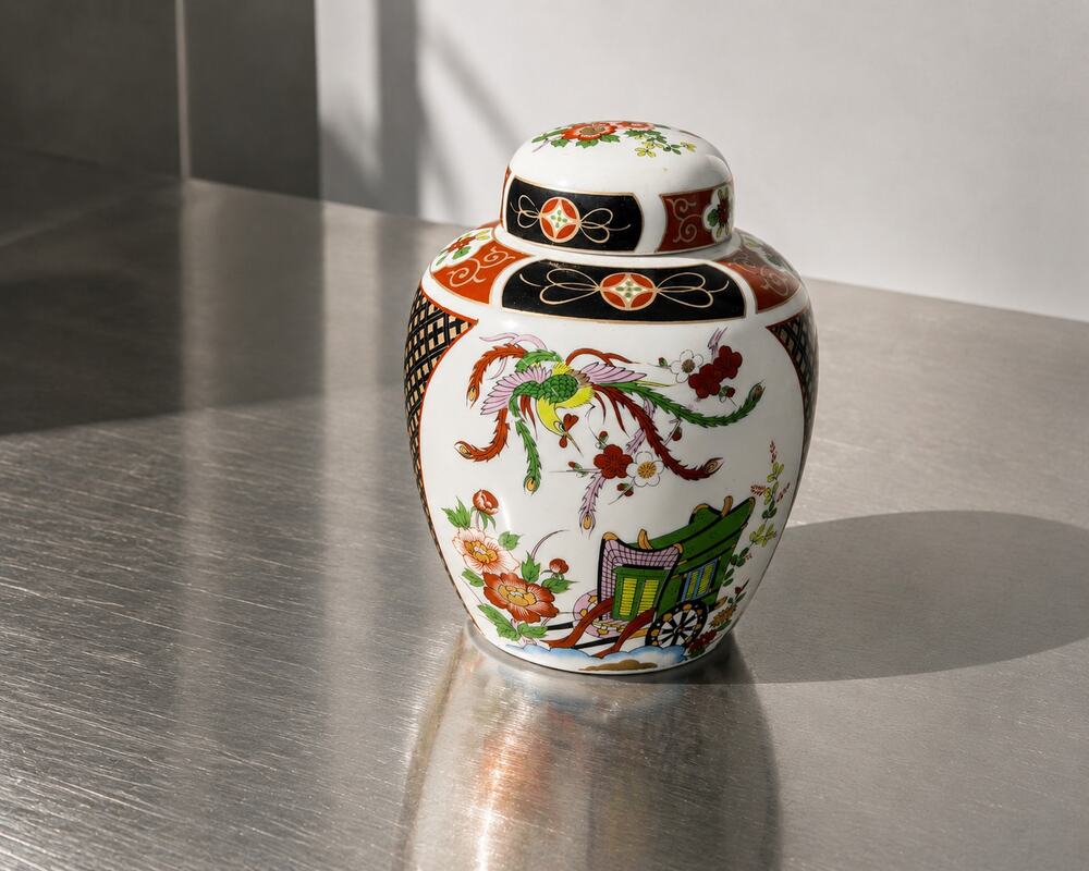 Vintage Japanese Porcelain Ginger Jar Phoenix Floral Chinoiserie 6”